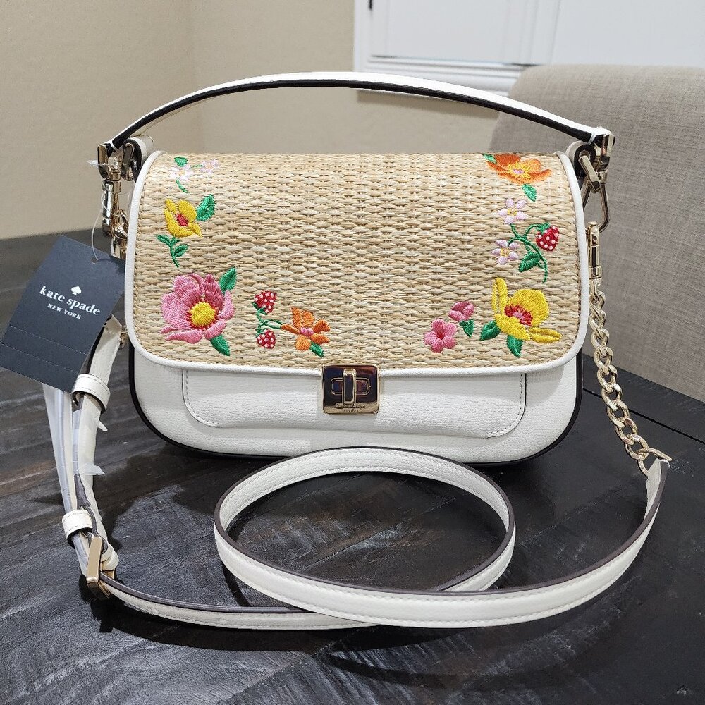 KATE SPADE PHOEBE EMBROIDERED STRAW FLAP CROSSBODY-BRAND NEW WITH TAGS